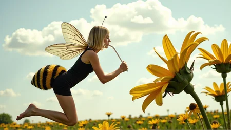 cinematic photo a (25 year old girl:1.5), she has huge bee wings attached to her back and bee antennae attached to her head, she's wearing a( black and yellow:1.2) horizontally striped figure hugging lycra minidress, the dress has a human sized (fuzzy bee abdomen attached sticking out at the butt:1.3)
she has blonde hair in a bob cut, she has a slim figure and long legs, she has medium sized breasts
she's hovering in midair in front of a enormous flower, the flower is bigger than the girl, ready to drink it's nectar through a long straw, the straw is held in her hand with the end (stuck into the flower:1.3)
she's in a meadow of enormous wild flowers,, score_9, score_8_up, score_7_up, hyperdetailed, hyperrealistic,  best quality, (masterpiece:1.3),high-definition, intricate details, volumetric lighting, symmetrical face, level eyes, . 35mm photograph, film, bokeh, professional, 4k, highly detailed