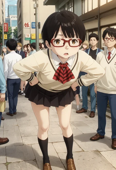 <lora:Hyper-SDXL-8steps-lora:1> <lora:Fixhands_anime_bdsqlsz_V1:1> zPDXL2, score_9, score_8_up, score_7_up, source_anime, intricate details, perfect anatomy BREAK
outdoors, city, tokyo, japan, audience, crowd, standing,  hands on own hips,  leaning forward, Fearful, Wide-open eyes, a furrowed brow, and a slightly open mouth., 1girl, solo, solo focus, 
<lora:dededede-koyama_kadode_XL(pony)v10:1> dededede-kadode, black hair, short hair, brown eyes, glasses, school uniform, ascot, yellow sweater, black skirt, black socks, brown shoes,