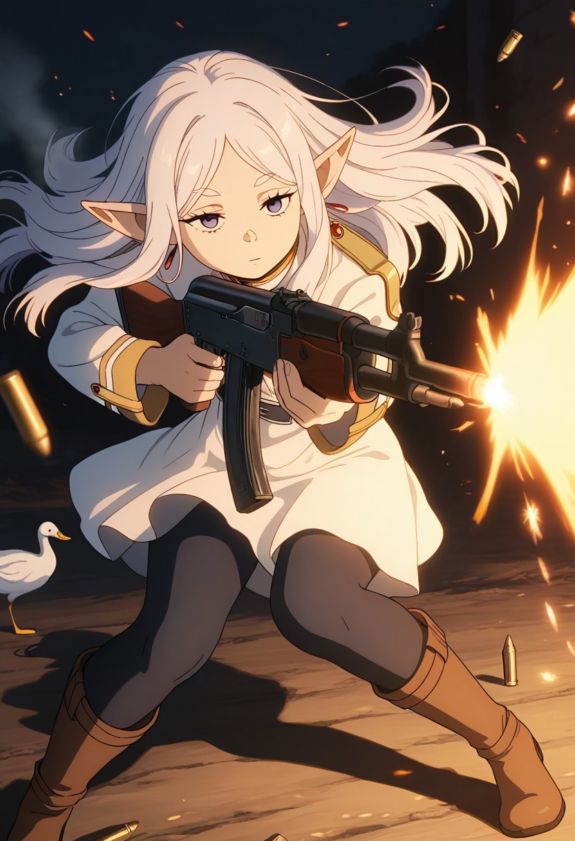 masterpiece, best quality, amazing quality, LDSCH, aesthetic, ak-47, assault rifle, goose ambush, 6+ geese, freiren_\(sousou_no_frieren\), white_hair, long_hair, elf_ears, emotionless_expression, firing_gun, outdoor_night, cold_stare, bullet_casings, dynamic_pose, windblown_hair, glowing_particles, cinematic_shot, intense_action, warzone_atmosphere, embers, smoke, sparks, chiaroscuro lighting, aiming down, brown boots, black leggings, long sleeves, gold accents, white skirt