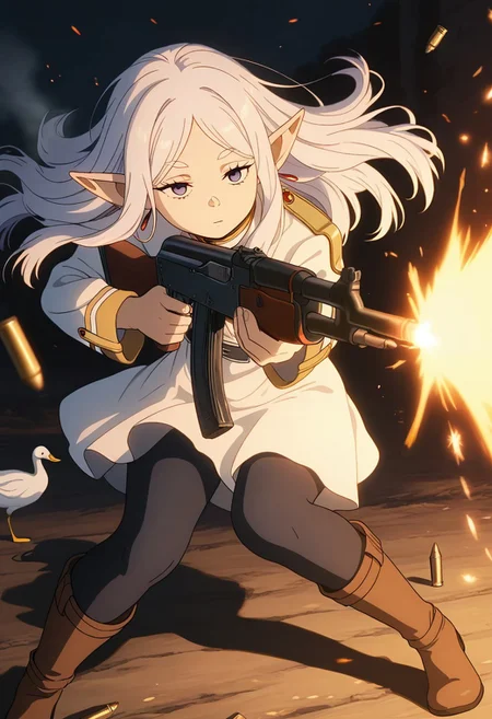 masterpiece, best quality, amazing quality, LDSCH, aesthetic, ak-47, assault rifle, goose ambush, 6+ geese, freiren_\(sousou_no_frieren\), white_hair, long_hair, elf_ears, emotionless_expression, firing_gun, outdoor_night, cold_stare, bullet_casings, dynamic_pose, windblown_hair, glowing_particles, cinematic_shot, intense_action, warzone_atmosphere, embers, smoke, sparks, chiaroscuro lighting, aiming down, brown boots, black leggings, long sleeves, gold accents, white skirt
