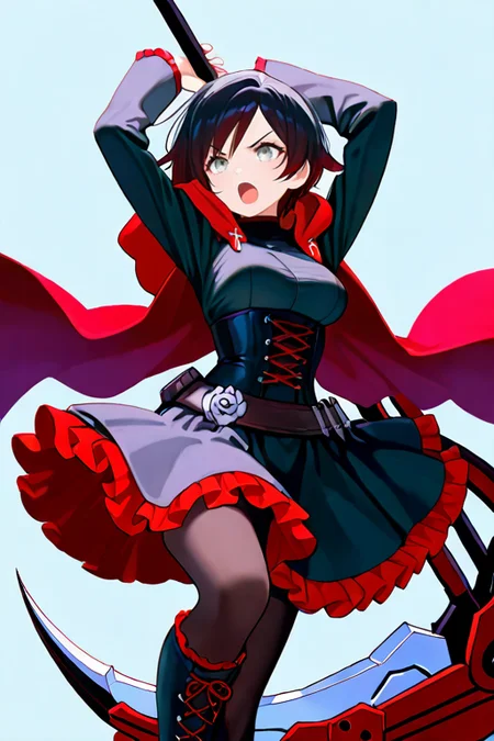 masterpiece, High quality, Ultra detailed, 2d, newest, absurdres, highres, BREAK
1girl, solo, <lora:ruby_rose:0.8>, ruby_rose_(ruby), short hair, black hair, multicolored hair, grey eyes,
medium breasts, rosedef, long sleeves, black dress, corset, belt, rose, skirt, frilled dress, pantyhose, black footwear, cross-laced footwear, hooded cloak, red cape,
scythe, crescent rose, holding scythe, fighting stance, angry, arms up, open mouth,
