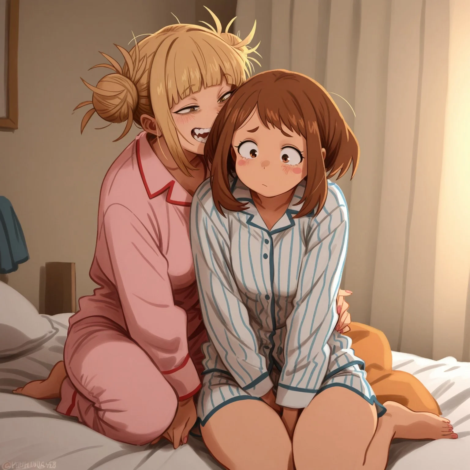 masterpiece,best quality,amazing quality,very aesthetic,absurdres,newest, huge filesize,masterpiece, best quality, good quality, newest,highly detail, khyle, 2 girls, ochako uraraka, himiko toga, pajamas, bedroom, laughung, cute, sitting on bed