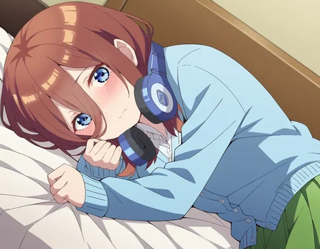 score_9, score_8_up, score_7_up, source_anime,
mikunakano, <lora:miku-nakano-s2-ponyxl-lora-nochekaiser:1>,
miku nakano, long hair, bangs, blue eyes, brown hair, shirt, hair between eyes, headphones, cardigan, headphones around neck,
skirt, shirt, long sleeves, white shirt, pantyhose, pleated skirt, black pantyhose, cardigan, green skirt, blue cardigan,
indoors, bed, bed room, on side, blush, drunk,
looking at viewer, cowboy shot, dutch angle, solo,