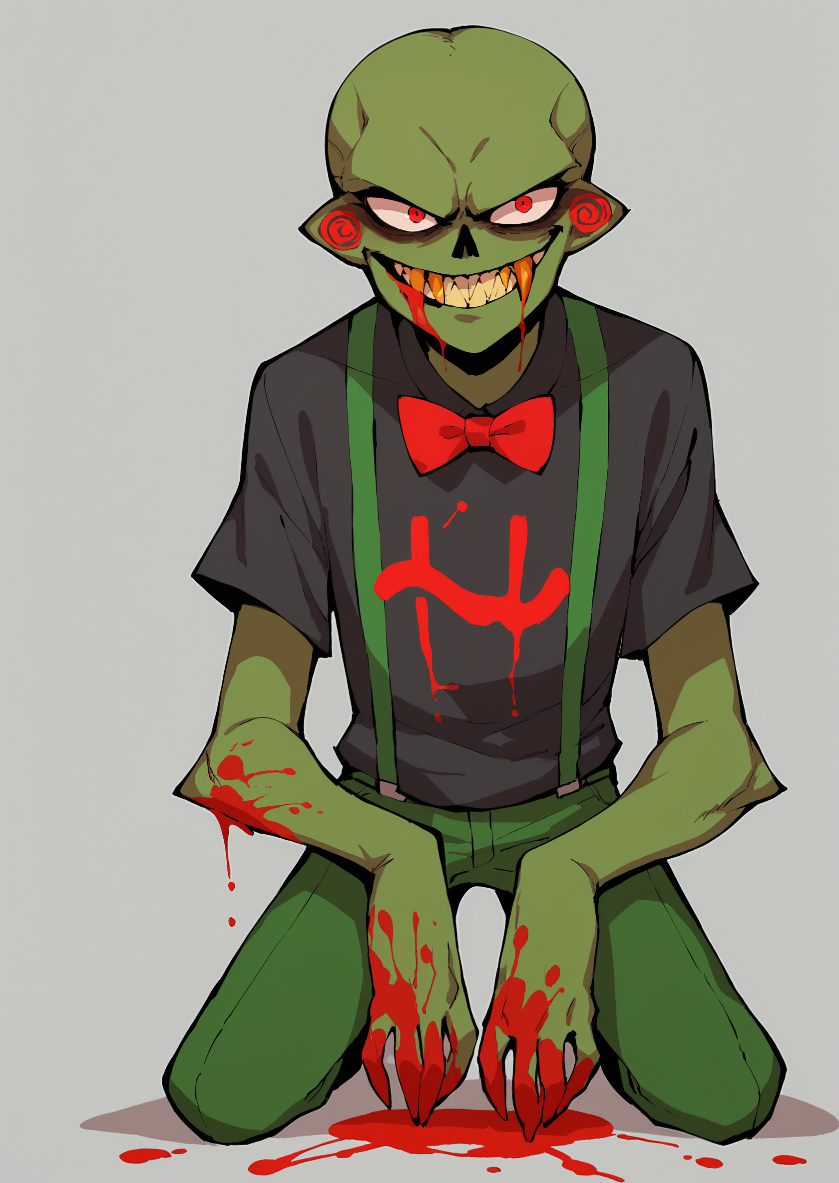 score_9, score_8_up, score_7_up, score_6_up, score_5_up, score_4_up, 2d, anime, anime artstyle, simple shadows, flat coloring, flat shadows, thick lines, caliborn <lora:Caliborn_-_Homestuck:1>, 1boy, male focus, green skin, red eyes, evil grin, sharp teeth, black t-shirt, green pants, t-pose, red bow tie, blood BREAK source_anime