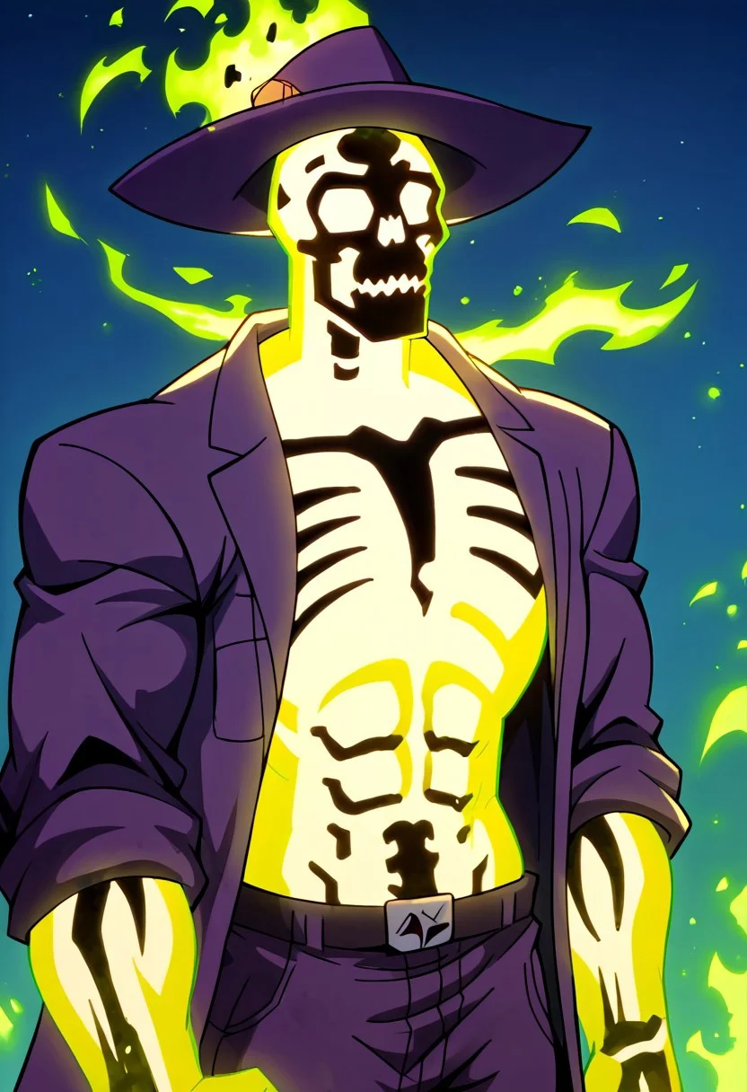 glowing, shirtless, dark skeleton, green fire,solo, hat, purple coat with leopard print, night background, solo, muscle body, muscle biceps, muscle chest, abs, sexy abs, six pack abs, <lora:Dr._Phosporus:1> drphosporus, score_9, score_8_up, score_7_up, score_6_up, 2d, digital art, masterpiece <lora:Expressive_H:0.4> expressiveh <lora:princess_xl_v2:0.3> <lora:g0th1c2XLP:0.3> g0th1c