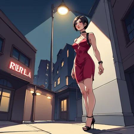 score_9, score_8_up, score_7_up, score_6_up, score_5_up, score_4_up, zPDXL2,source_anime,rating_questionable, 1girl,outdoors, night time, urban, night, street, Ada Wong Resident Evil, red dress, high heels, harness, high angle, from above, <lora:streetlight:0.8> str33tl1ght,below lamppost, spotlight, outdoors