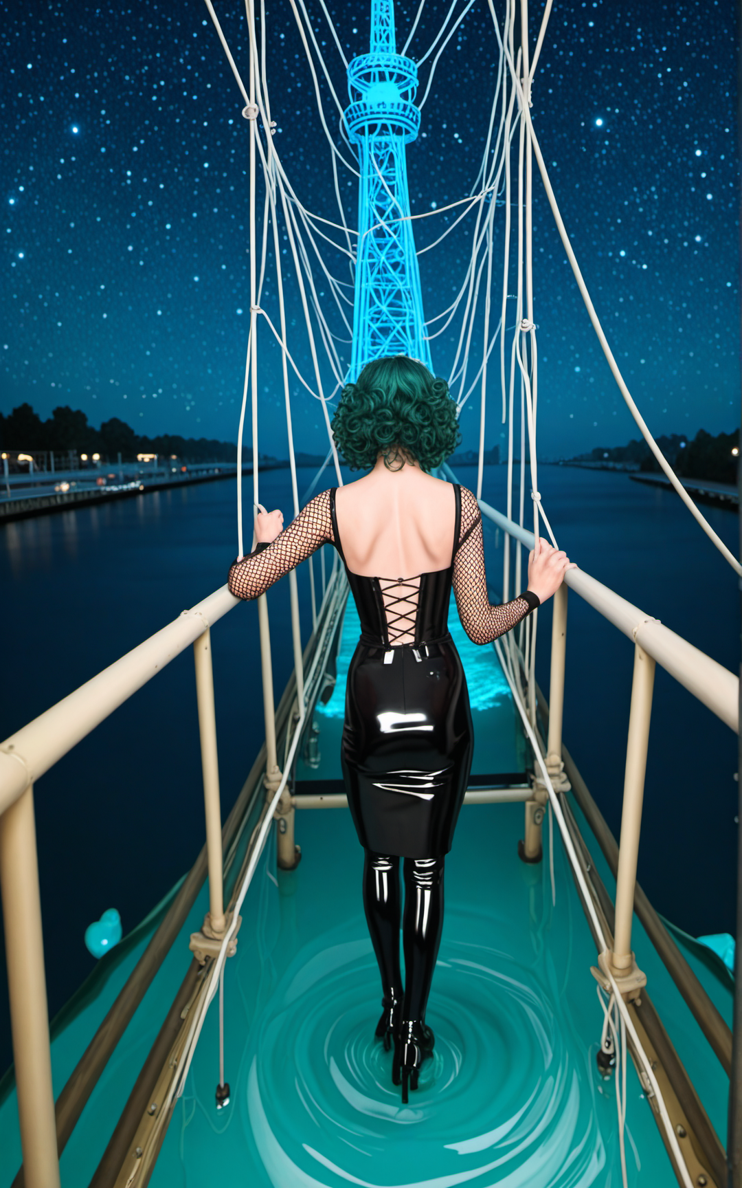 (from_back:1.4),(from behind:1.4),(back view:1.4),(top down view:1.2),(from above:1.2),A 34 year old 1Girl,turquoise eyes,(extra long dark green hair),curly hairs Layered Curls   effect ,,expressionless expression,Lightly defined eyes with a soft berry lip for a fresh appearance,Dressed in powerful and varying colors Royal Blue and Burgundy  a crushed velvet corset with filigree, paired with a glossy latex pencil skirt featuring high slit. Fishnet sleeves, ankle boots with razor-blade heels, and a moonstone hairpin.,(swimming:1.1),Quiet Zip Line Tower in a Amusement Park, an empty zip line tower silhouetted against a starry sky, its cables swaying gently in the night breeze, The atmosphere is adventurous yet serene,<lora:Skin Color_alpha1.0_rank4_noxattn_250steps:-0.5>,