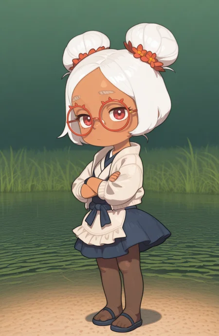 <lora:anatomy_helper:0.8> 1girl, solo, full body, <lora:PossumMachine_v2:0.9> possmach,
<lora:LilPurah-IL:0.8> prhmini, red eyes, red-framed eyewear, red-framed eyewear, dark-skinned female, white hair, double bun, chibi, spa hostess outfit, light jacket, flared skirt, pantyhose, sandals, flower clip,
wetland, closed eyes, sleeping,, solo,crossed arms, upper body , looking at viewer,,, extremely detailed, highres, masterpiece, best quality