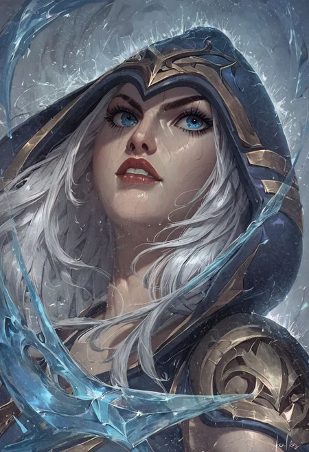 score_9, score_8_up, score_7_up, ashe, league_of_legends, detailed eyes, blue eyes, hood, fighting someone
