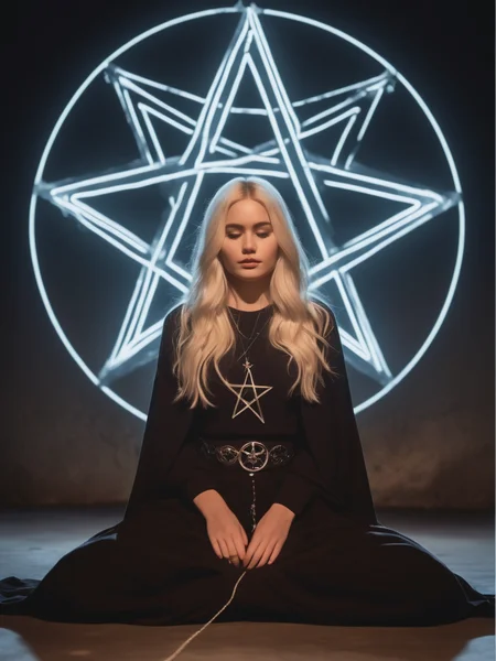 Dramatic photograph of Charlotte_Davis_P_MXAI_SDXL standing in the center of a glowing pentagram at a Black Mass, eyes closed