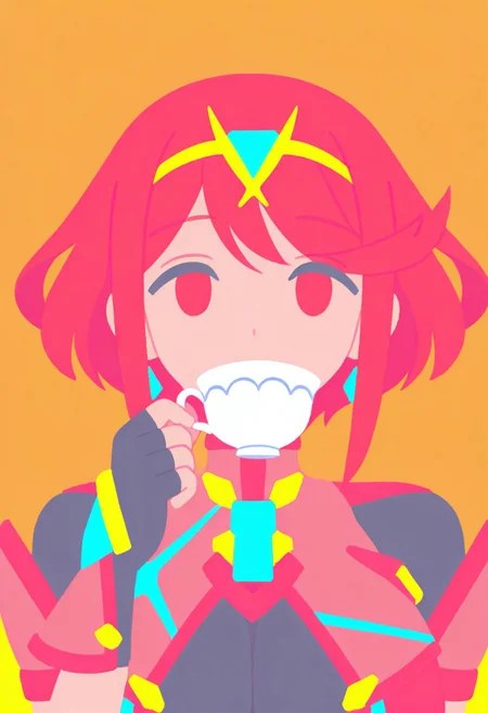 masterpiece, best quality, hires, absurdres, newest, 1girl, solo, <lora:pyra-xb-richy-v1_ixl:1> prdef, red eyes, red hair, short hair, tiara, earrings,(clear face,looking up,drinking tea,looking ahead),(chest jewel, large breasts, impossible clothes, fingerless gloves),(upper body,face focus,close to viewer),(holding teacup with one hand,drinking tea,lifting teacup,covering mouth with teacup),(simple background,orange background),(flat color,no lineart,kawaii,big head)