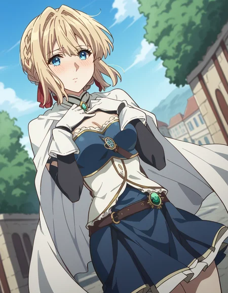 score_9, score_8_up, score_7_up, source_anime, <lora:violet-evergarden-s1-ponyxl-lora-nochekaiser:1>, violet evergarden, blonde hair, blue eyes, hair ribbon, ribbon, short hair, braids, hair braids, red ribbon, mature female, medium breasts,, <lora:miki-sayaka-cosplay-ponyxl-lora-nochekaiser:1>, miki sayaka cosplay, miki sayaka (cosplay), belt, black sleeves, blue skirt, cape, cosplay, dress, gloves, gem, skirt, sleeveless, sleeveless dress, white cape, white gloves,, streets, outdoors, , blush, hands on own chest, cowboy shot, looking at viewer,, , dutch angle, cowboy shot