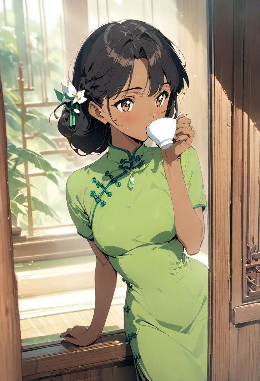 gorgeous lips, cinematic, (masterpiece), (best quality), (ultra-detailed), very aesthetic, illustration, perfect composition, intricate details, absurdres, detailed face, (anime, masterpiece, intricate:1.3), (best quality, hires textures, high detail:1.2)
1990s (style), retro artstyle, a anime girl with very long black hair, wavy hair styled in a half up do, standing in a gold and wood Vietnamese palace with a large open window, 1girl, (brown skin, tan skin:1.3), solo, side swept bangs, medium breasts, long hair, black hair, looking at window, sitting on windowsill, long flowing silk cheongsam, XCYP Cheongsam beauties, emerald necklace, hair ribbon, holding a tea cup, green back head hair bow, sipping tea, hair blowing in the wind, skirt blowing in the wind, green and black butterflies flying inside the room, white lilies in vases in the background, medium full shot, collarbone, plants, brown eyes, perfect eyes, beautiful jungle outside the window, morning time, cinematic lighting, dolly shot,