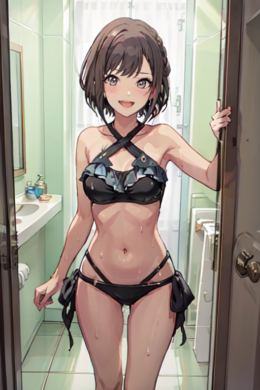 <lora:EnaOfficial-10:0.8>,highres , best quality, masterpiece, ena, 1girl, solo, looking at viewer, blush, smile, short hair, open mouth, brown hair, navel, bare shoulders, brown eyes, medium breasts, standing, collarbone, swimsuit, braid, :d, bikini, indoors, wet, black bikini, halterneck, criss-cross halter, tiles, bathroom