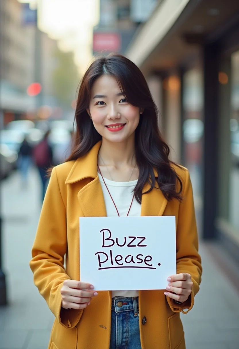 cute korean woman holding sign "buzz please"