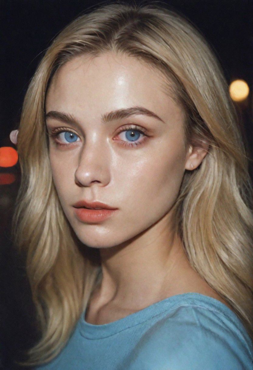 Analogic Portrait Photo a portrait 80s, and hyperdetailed photography, a woman 21-25 years old in street of city,night time, blonde hair, blue eyes , suspiria, hiperdetailed 80s clothes and hair,  makeup 80s,  background,squat pose,yearbook shot, perfil , granulate