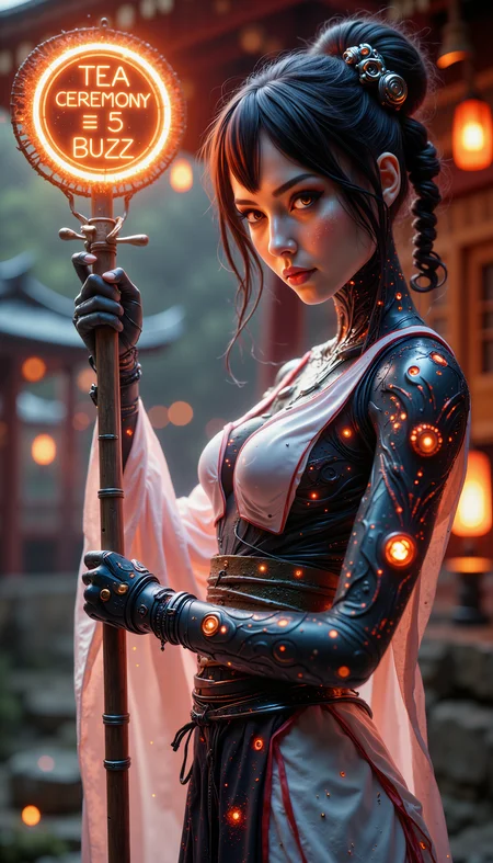 A vibrant image sowcasing a captivating Japanese shrine maiden (miko) with a striking, augmented appearance that blends traditional elegance and advanced technology. Her slender yet athletic build is enhanced with intricate cybernetic details, including shimmering circuits and micro-mechanisms embedded in her skin. With a confident posture, she grasps a sleek, high-tech sign that proclaims "Tea Ceremony = 5 BUZZ" in bold, neon-lit letters. The image is set against a richly detailed traditional Japanese shrine landscape, blending seamlessly with the miko's futuristic enhancements, creating an atmosphere of wonder and enchantment., <lora:Flux_Cybernetic_Corruption-V1.1.safetensors:1.0:1.0>