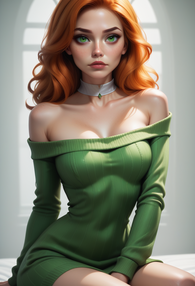 score_9, score_8_up, score_7_up,
1girl, solo, sexy sweater dress, green dress, scoop neck, long sleeves, bare shoulders, white choker,
<lora:Dark_Erin_Pony_v0.1:0.5> d4rk3r1n, orange hair, green eyes,