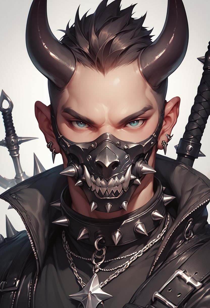 (score_9, score_8_up), score_7_up, looking at viewer, 1boy, weapon, horns, collar, mask, muscular, horn, spikes, mouth mask, spiked collar
<lora:masky-000009:0.8>