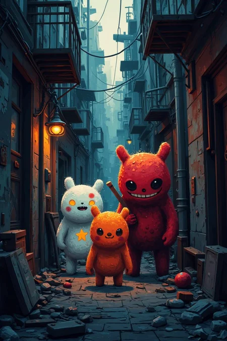 <lora:pixa_atyle-000001.safetensors:1> pixa style,champions,cute
In a pixel-art alleyway, the environment is a rich blend of deep reds, greys, blues, and greens, with glowing highlights that emphasize the gothic and adventurous mood. The narrow, grungy urban setting is cluttered with debris, each pixel meticulously placed to create a sense of decay and history. Scattered items, like broken crates and rusted barrels, add to the gritty atmosphere.
At the center of this scene, three figures stand out, each a vibrant pixel-art representation of plush toys, transformed into epic, heroic characters. The first is a white pixel-being with a star emblazoned on its chest, exuding an air of purity and bravery. It stands with a determined stance, its arms akimbo, ready to defend.
Beside it is an orange pixel-being, its face adorned with a ghostly grin, giving it a mischievous yet fearless demeanor. Its eyes glow faintly, casting a soft, eerie light that hints at hidden powers. The third is a red pixel-being, its sinister grin and deep shadows beneath its eyes adding an element of danger and intrigue. It holds a small, pixelated sword, its pose suggesting it’s ready for battle.
The light in the scene is dramatic, casting deep, angular shadows that enhance the symmetrical composition. The walls of the alleyway are textured with cracks and peeling paint, each pixel contributing to the detailed and atmospheric environment. The overall mood is one of ominous adventure, where the line between hero and villain is blurred, and every detail tells a story of the ancient, forgotten tales of this pixelated world.