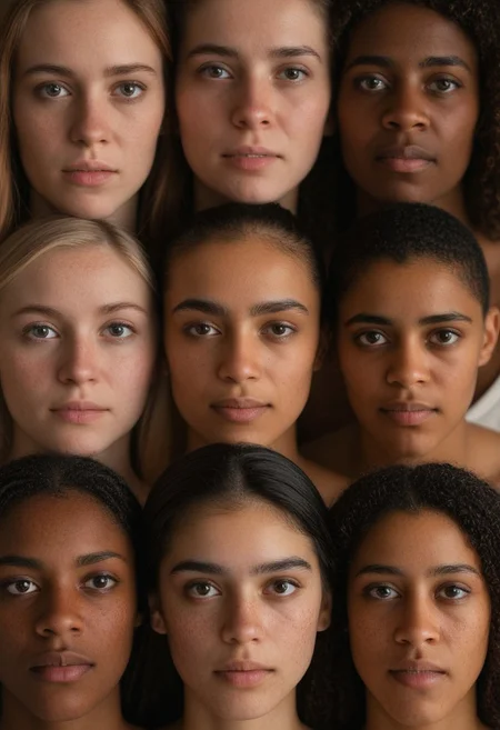 A hyper-realistic portrait of a diverse group of people with varied skin tones, expressions, and backgrounds, showcasing intricate facial details, natural lighting, and lifelike textures. The composition is vibrant yet balanced, highlighting the photorealistic capabilities of the RealFace LoRA, perfect for AI art and character design. Cinematic depth of field, soft bokeh, ultra-detailed, 8K resolution