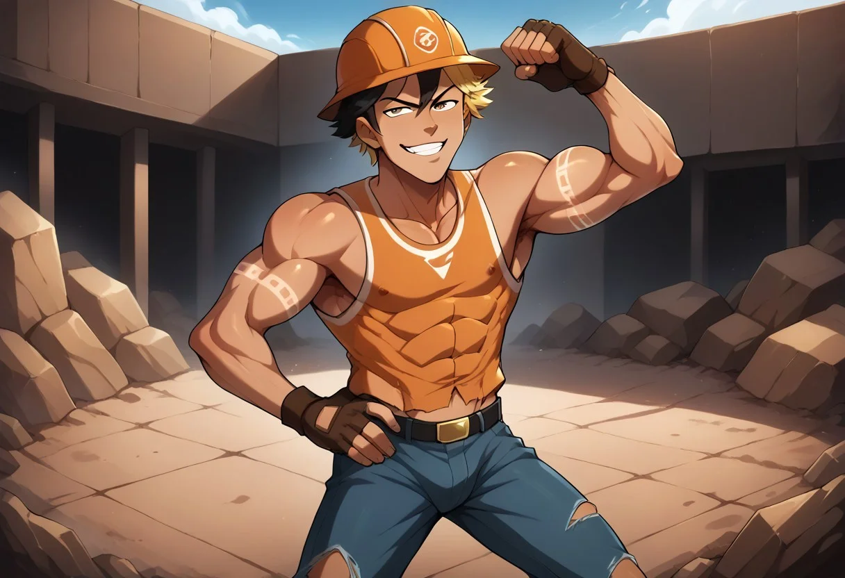 score_9, score_8_up, score_7_up, best quality, amazing quality, best aesthetic, 8 k, 1 young adult man, toned, two-tone hair, blonde hair, black hair, tribal tattoos, abs, exposed nipples,
open reflective vest, hard hat, tank top, torn jeans, boots, sledge hammer, construction site, parted lips, smug smirk, smile, looking at viewer, long cowboy shot, epic masculine pose,