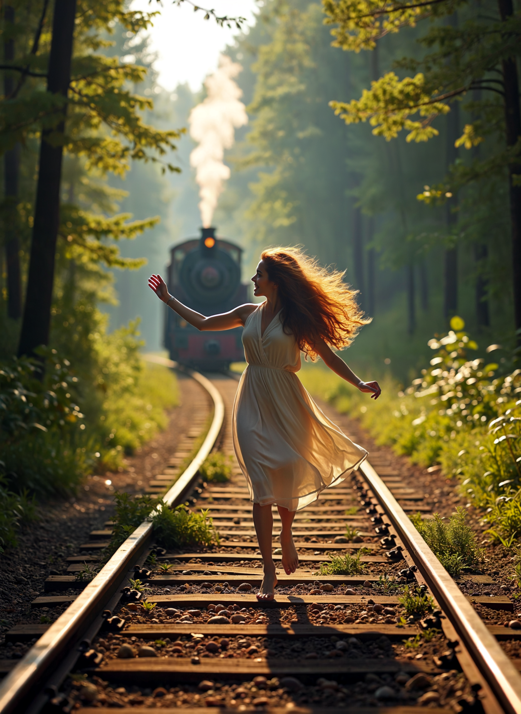 Photograph of a young woman walking on a railway track in a forest. She is wearing a white dress and has long red hair that is flowing in the wind. The woman is walking with her arms stretched out to the sides and her head tilted back, as if she is enjoying the moment. In the background, there is a train with smoke coming out of its engine. The train is black and appears to be moving through the forest. The trees on either side of the track are tall and green, and the sunlight is shining through the trees, creating a warm glow on the scene. The overall mood of the image is peaceful and serene. <lora:add-detail-xl:.5>  <lora:Flux-style-xl-lora:.5>