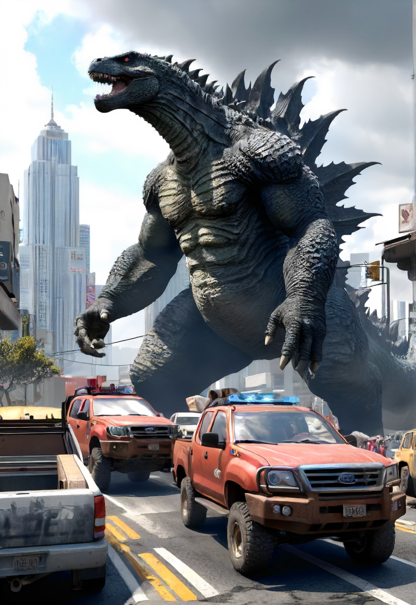 can't see anything with all this haze and cluttered noise in this city full of fog and godzilla for some reason, detailed, high quality