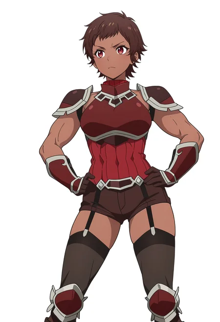 Smooth Quality,masterpiece,very intricate, high quality details, ultra realistic, high detailed skin,detailed enviorement,
white background, simple background, solo, 
dutch angle,. .,ok sign ,standing, hands on hips, feet apart, determined, looking forward,  ,
 <lora:Blossom_Cinabrio:0.8> blossom/cnn, 1girl, brown hair, dark skin, short hair, red eyes,toned,armor, thighhighs, short shorts, garter straps,boots,