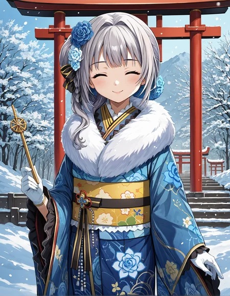 score_9, score_8_up, source_anime, 1girl, solo, upper body, medium shot, detailed, mgrcyakumomitama, mtmwtr, grey hair, single side bun, side folded braid, blue hair flowers, eyes closed, blue kimono, floral print, white fur scarf, yellow obi, black obijime, white gloves, smiling, outdoors, winter, snow, shrine, holding wand, (side view:0.6), <lora:mgrcyakumomitama_XL:1>