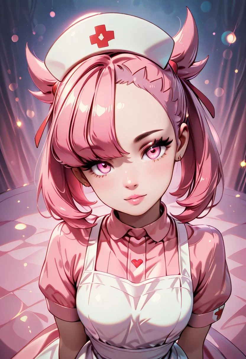 masterpiece, best quality, 32k, high resolution
zzNurseMarnieCitron, pink eyes, hair ribbon, medium hair, pink hair, asymmetrical bangs, ribbon, nurse, pink dress, white apron, nurse cap,
upper body, from above, looking at viewer, lips, head tilt,
,bokeh, luminescent background,