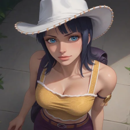 score_9, score_8_up, score_7_up, score_6_up, score_5_up, score_4_up, robinskypiea, yellow tank top, armlet, fringe trim, purple pants, brown belt, white cowboy hat, hand on hat, purple backpack, black hair, medium hair, blue eyes, looking at viewer, from above, three quarter view, source_anime, <lora:RobinSkypiea_v3:1>