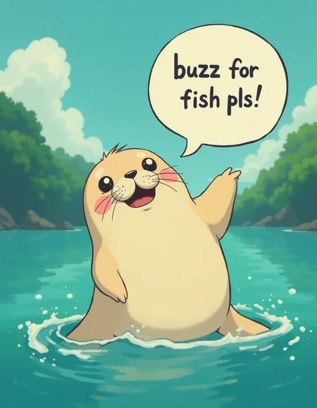 cute seal speech bubble that says " buzz for fish pls " ,, (Studio ghibli style, Art by Hayao Miyazaki:1.2), Anime Style, Manga Style, Hand drawn, cinematic, Sharp focus, humorous illustration, big depth of field, Masterpiece, concept art, trending on artstation, Vivid colors, Simplified style, trending on ArtStation, trending on CGSociety, Intricate, Vibrant colors, Soft Shading, Simplistic Features, Sharp Angles, Playful