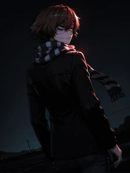 masterpiece, very aesthetic, best quality, hiper-detailed, intricate details, dynamic light, dramatic light, rich colors, dark, darkness, night, 25 years old, dynamic angle, solo, cowboy shot, from behind, expressionless, looking away, imtdhomiciliu, 1boy, male, solo, scar, brown hair, scarf, green eyes, striped, striped scarf, stitches, short hair, jacket, scar on face, hair between eyes, shirt, long sleeves, pants, bags under eyes, beautiful landscape
