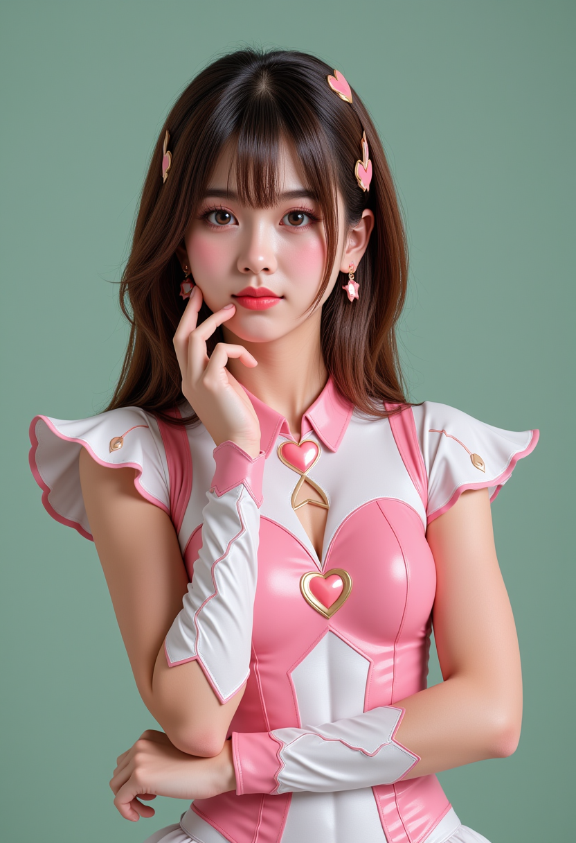 She is approximately 18 years old. Hyperrealism, she is looking at the camera, (dynamic angles), headshots of a beautiful, stunning unique female character.  she has hair. her eyes are filled with joy and excitement, extravagant eyelashes, a photo of Songbird1, an anime character, wearing a pink and white costume, with a heart on her chest, posing in a dynamic and playful manner, with a futuristic design, a sense of fantasy and whimsy, a comic book style, a sense of adventure, a sense of action. The woman is posing confidently. simple sage green colored background. She has a slight smile on her face and is looking directly at the camera. making this image a masterpiece of photography and digital art. realistic. making this image a masterpiece of photography and digital art. Style: realistic hyper-detailed rendering, 32k UHD, expressive eyes, punk, graphic design, girl's face, pretty and cute, gleaming lips, telling a tale of adventure. Exuding confidence and serenity. The overall mood of the image is happy and relaxed,detailed skin texture,(blush:0.2),(goosebumps:0.3),subsurface scattering,whimsical,Detailed hand, Perfect hand. Perfection style. 