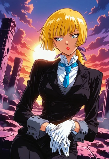 LuluBellDGR, 1girl, solo, blonde hair, long hair, blunt  bangs, ponytail, hair ribbon, sunglasses, lip, red lipstick, formal suit, pant suit, black jacket, white shirt, blue necktie, large breast, white gloves,  black pants, black shoes, thick thighs, high heels,
,seductive pose, sexy pose, tease, 
masterpiece, best quality, fine details, intricate details, depth of field, subsurface scattering, bokeh,
 ultra-detailed, very aesthetic, detailed background, newest, scenery, highres, absurdres, colorful, vibrant, glowing, perfect face, 2d, perfect eyes,  vibrant saturated colors, volumetric lighting, sharp, detailed eyes, perfect anatomy,  perfect face, perfect eyes, mature body, clear eyes, beautiful eyes, athletic, curvy body, athletic girl, perky tits, perfect tits, round breasts, pinup pose, teasing, lustful expression, perfect hands, 
muscular female, dutch angle, 
 evening, sun, sky, clouds, light blue feet, barefoot, ancient ruins, debris, mist, fog, vines, ruins, stone bricks, rocks, puddles, sun shine through clouds, cloudy, outdoors, lying on stomach on stone ledge, looking to side, head tilt, bored, parted lips, feet up,
,Smooth Negative, Smooth_Quality,
90s_anime_aesthetic, 1990s (style), retro, retro artstyle,dark_fantasy_style, dark fantasy, retro,