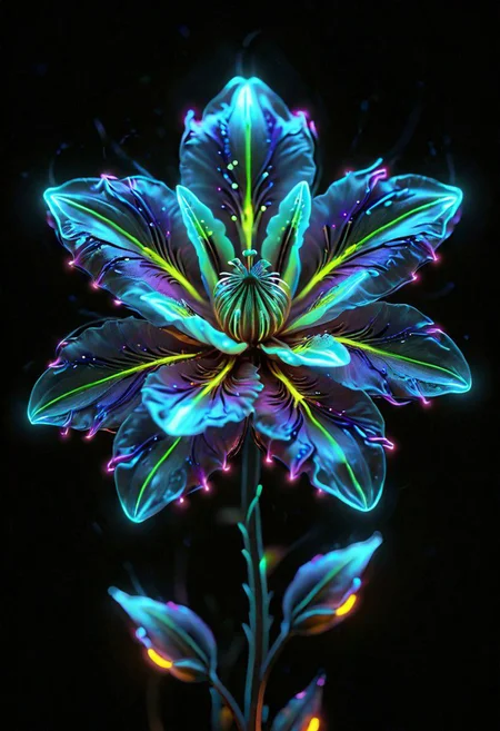a bioluminescent neon flower, ultra detailed, realistic, vivid colors, volumetric lighting,