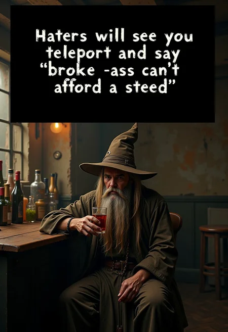 A gritty, realistic scene of a surly, weary-looking wizard with a long, scraggly beard, seated alone at a dimly-lit bar. He’s dressed in a worn robe and tall, pointed hat, nursing a drink in a contemplative pose. The atmosphere feels rough and slightly magical, but grounded. Above the image, bold text in a black box reads, 'Haters will see you teleport and say "broke ass can't afford a steed."' The text is a focal point, designed to stand out clearly against the muted, detailed background, adding humor to this introspective wizardly moment. High quality and cinematic lighting.