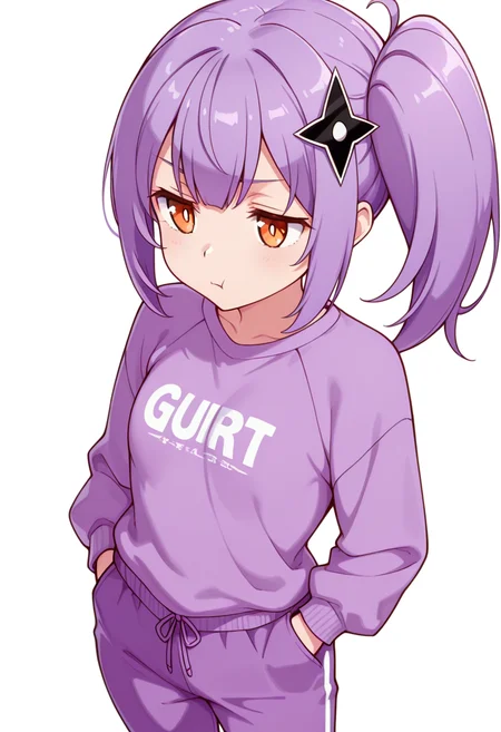 masterpiece,high quality details, absurdres,
<lora:Satoko_Kusagakure:0.9>
satoko_cnr, 1girl, purple hair, long hair, side ponytail,orange eyes,hair ornament,sidelocks,, simple background, white background, dynamic angle,solo,, bored,guilt,, :t,, pullover,shirt ,flared pants, ,var-legwear,