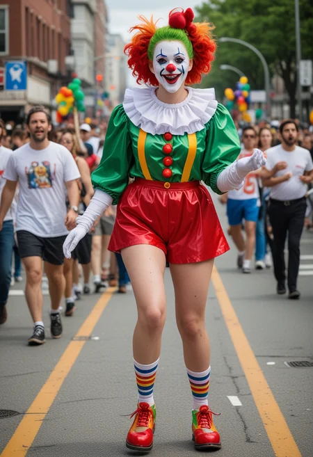 (medium full shot) of  (bonnie clown) young woman, red plastic nose, white face paint, hair with a big red nose,  wearing a green  puffy shirt with ruffled cuffs,satin shorts,oversized clown shoes, rubber chicken, rainbow face paint, set in  Parade Route Prep Area, Bustling street with barricades being set up, workers adjusting streetlights and traffic signals, a fleet of vehicles carrying floats and performers, volunteers distributing flyers and route maps, a platform for announcers to broadcast live, woman laughing, jumping in the air, Masterpiece,best quality, photo, realistic, very aesthetic, detailed face,