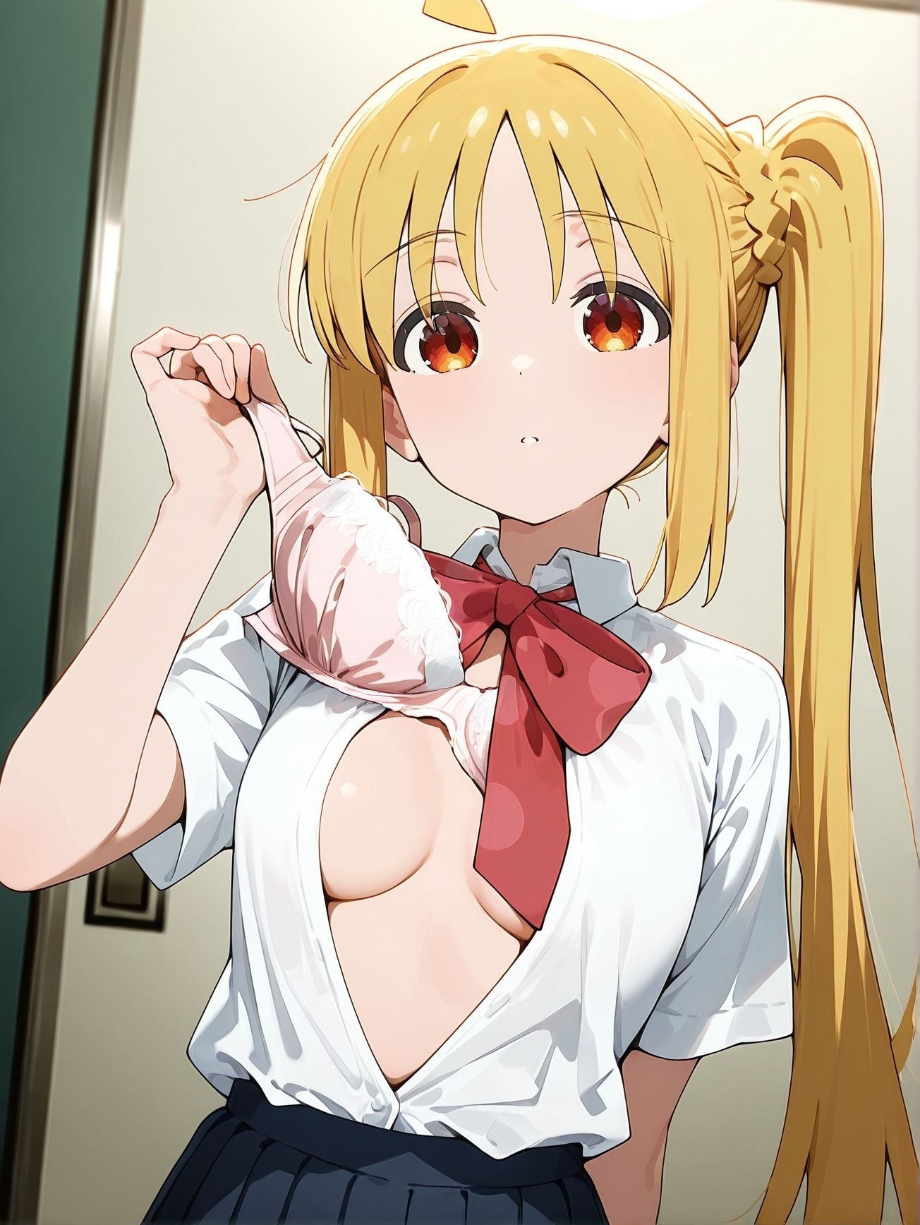 masterpiece, best quality, newest, absurdres, highres, detailed eyes, beautiful, detailed background, perfect eyes, anime coloring, anime screencap,
<lora:removing_bra_under_shirt:1>Taking_off_brav1,
1girl,breasts,
underwear,bra,solo,
taking off bra,
removing bra,
pulling off bra,
standing, 
BREAK
Ijichi Nijika, 
school uniform,  open shirt, 
white shirt, skirt, 
bocchi the rock!, official art,