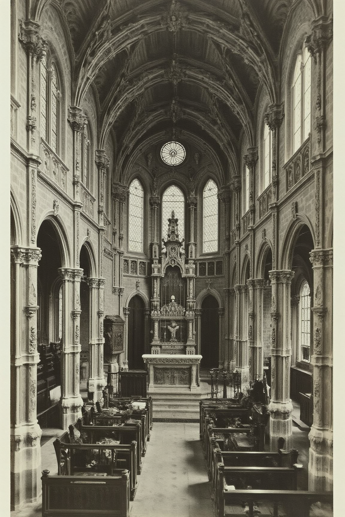 YFG-Sm0rg, An intricate etching of a Gothic cathedral interior, with ornate stone carvings and stained glass windows. The main altar is the focal point, adorned with gold leaf and precious gems. The walls are lined with pews, and the ceiling disappears into darkness above. Viewing angle: Bird's eye view.