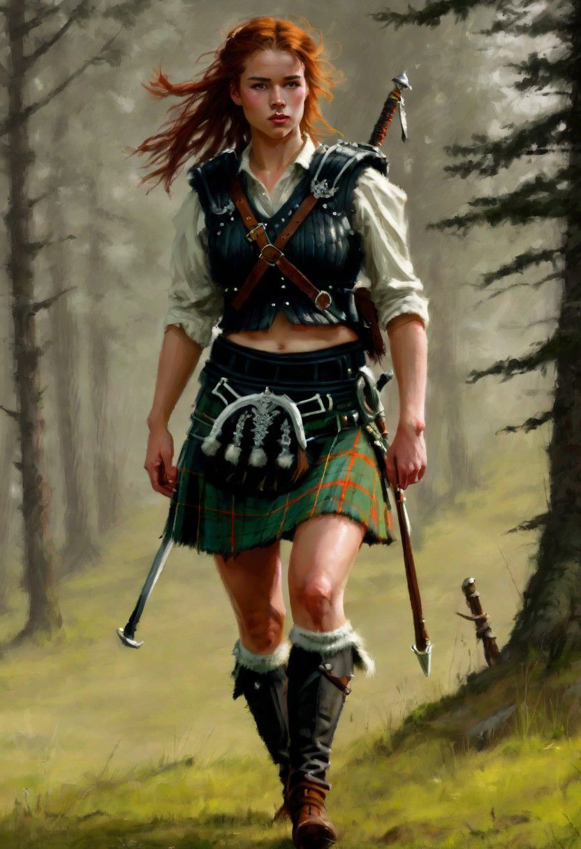 beautiful slim large-breast young heavy-armor female Scottish highlander, kilt, socks, digital painting in jrst artstyle