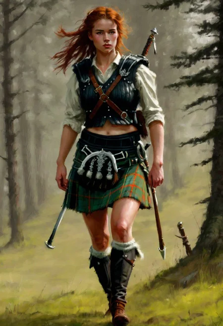 beautiful slim large-breast young heavy-armor female Scottish highlander, kilt, socks, digital painting in jrst artstyle