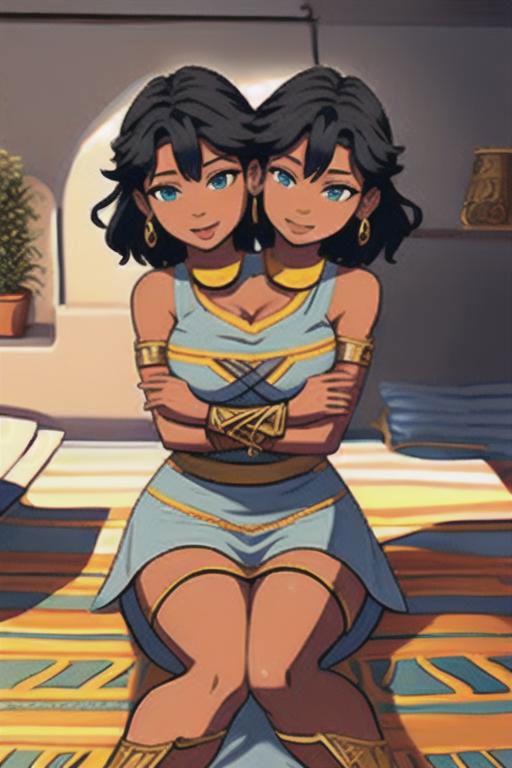 masterpiece, best quality, shorthair, black, darkskinnedfemale, <lora:conjoined_dicephalus:1>, (conjoined_twins, hugging, two heads:1.5), 1girl, masterpiece, best quality, peplos, greek clothes, blue eyes, dark skin, bare shoulders, earrings, flat chest, jewelry, solo, smile, bedroom <lora:WonderWoman:1.5> Sitting on bed, Hands on Lap