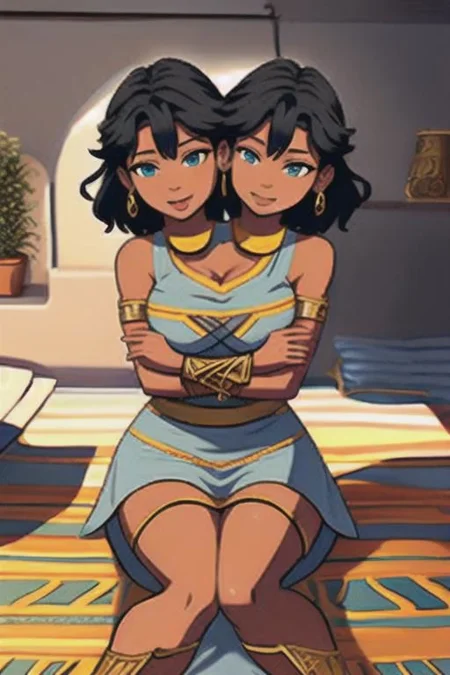 masterpiece, best quality, shorthair, black, darkskinnedfemale, <lora:conjoined_dicephalus:1>, (conjoined_twins, hugging, two heads:1.5), 1girl, masterpiece, best quality, peplos, greek clothes, blue eyes, dark skin, bare shoulders, earrings, flat chest, jewelry, solo, smile, bedroom <lora:WonderWoman:1.5> Sitting on bed, Hands on Lap