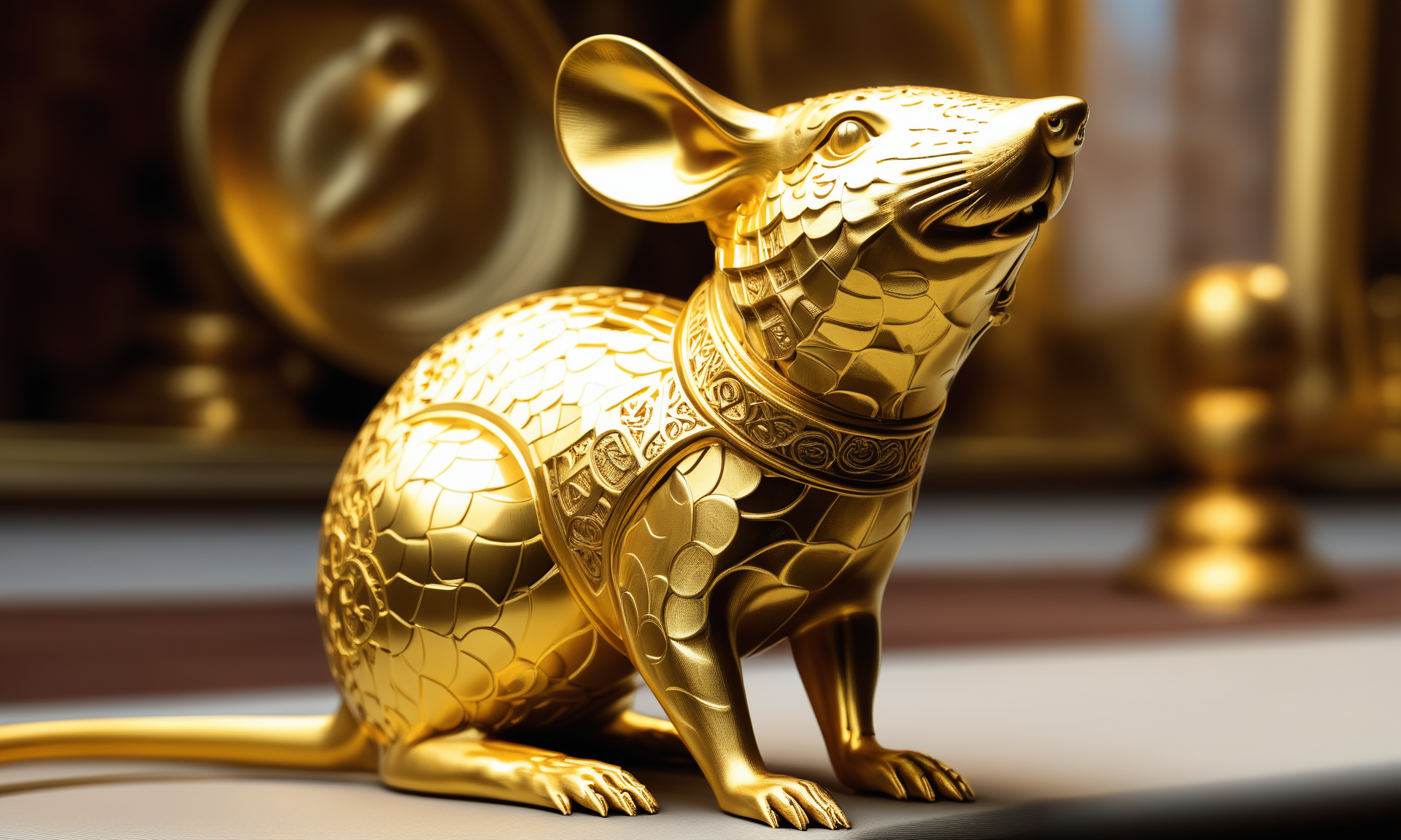<lora:goldcarvingcd_xl-000006:0.8>,a statue of a rat made of golden in office scene,goldcarvingcd_xl,gold carving,indoors,chinese zodiac,wooden table,cutie,cute,still life,animal statue,front view,facing viewer,looking at viewer,(Unbelievable Digital Artwork:1.3),fine art,CGSociety,ArtStation,master works, emotional, harmonious, high budget, moody, epic, gorgeous, perfect lighting, realistic, photorealistic, photographic, photo (medium),real, moody lighting, volumetric lighting, reality ray tracing, 8K, HDR, UHD, masterpiece, best quality, highly detailed, high resolution, finely detail, extremely detailed, ultra detailed, wallpaper