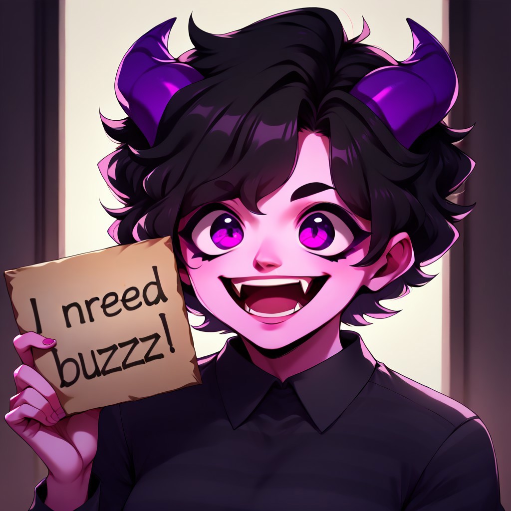 jellybean_yt, short hair, open mouth, shirt, black hair, 1girl, purple eyes, horns, teeth, striped, collared shirt, colored skin, fangs, striped shirt, black pants, score_9, score_8, score_7, smiling. Holding a sign saying "buzz for nsfw"