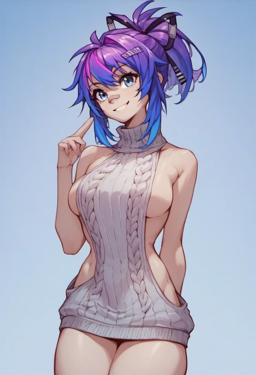 source_cartoon, <lora:Projekt_Melody_for_PonyXL:1>, projekt_melody, ponytail, bandaid on nose, 1girl, solo, smile, virgin killer sweater, score_9, score_8_up, score_7_up, score_6_up, score_5_up, score_4_up