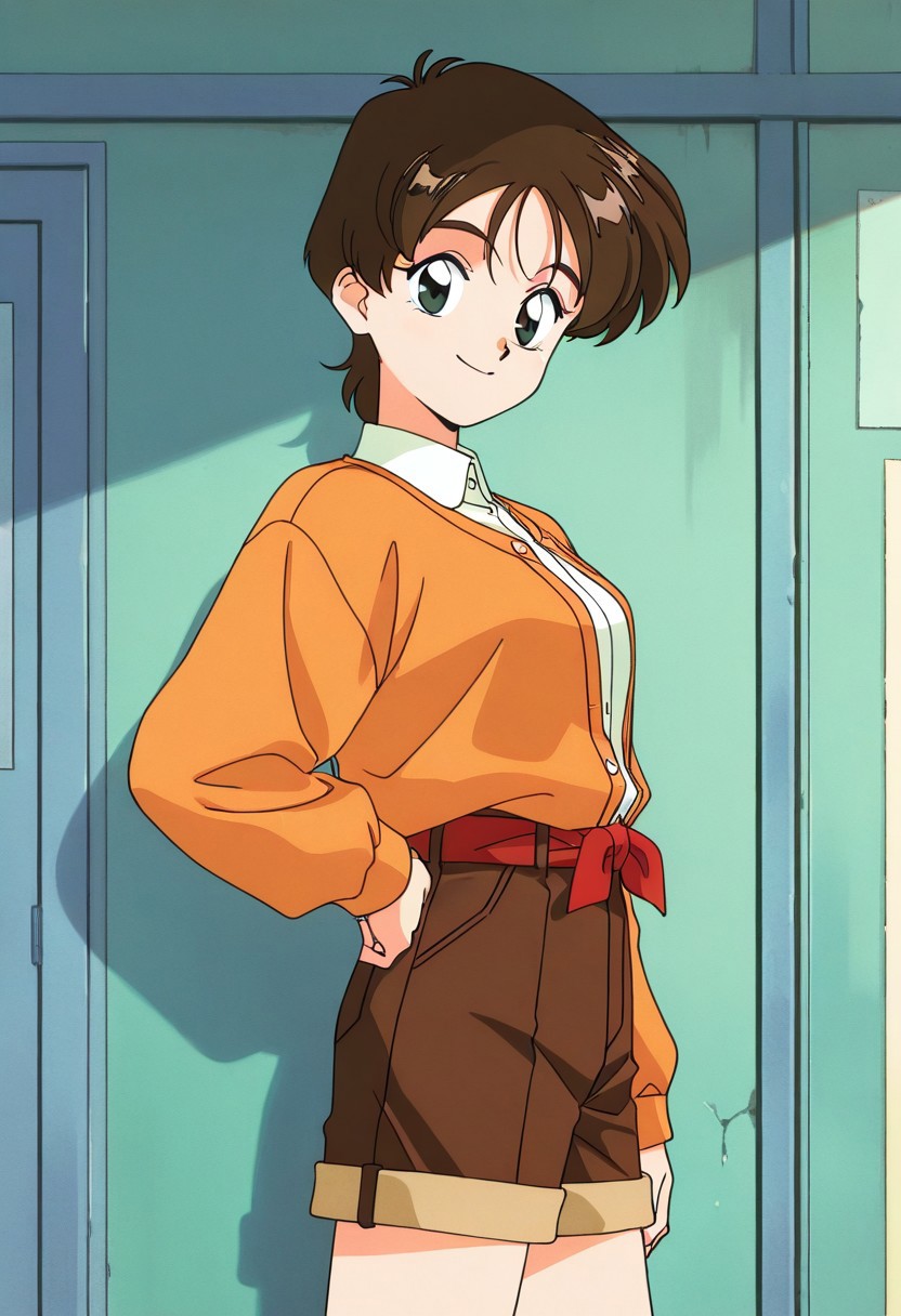 score_9, score_8_up, score_7_up, source_anime,masterpiece, best quality,1990s_(style),a gril,Hikaru, solo,brown_hair, short_hair, black_eyes, orange_sweater, white_shirt, brown_shorts, (detailed face and eyes,smile),looking at viewer,(cowboy shot,hand on hip),from side,indoor,livingroom